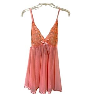 Peach Pink Embroidered Lace Babydoll L